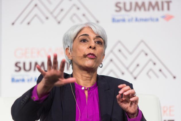 DARPA Director Arati Prabhakar speaks during Day 2 of the GeekWire Summit 2016 at the Seattle Sheraton, October 5, 2016. Photo by Dan DeLong for GeekWire