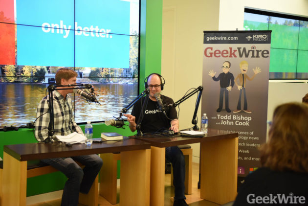 GeekWire's John Cook and Todd Bishop will bring the GeekWire podcast to Fox's Seattle Oct. 13th.
