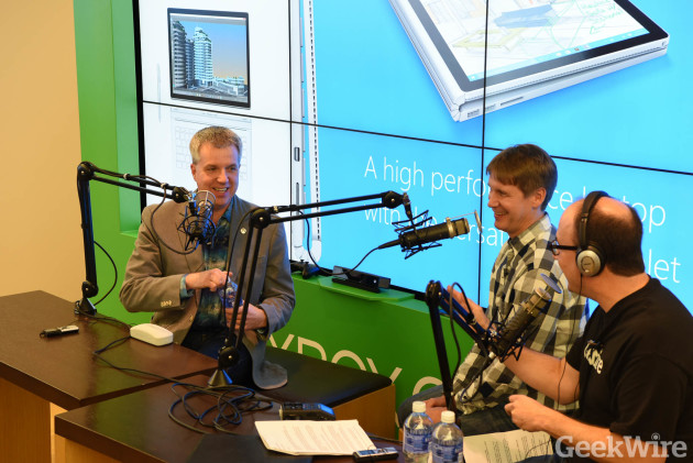 Larry Hryb (aka Major Nelson) records the GeekWire podcast at the Microsoft Store in Seattle's University Village, with GeekWire's John Cook and Todd Bishop.