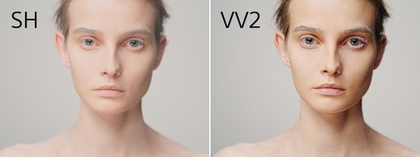 Two images of model with different colour profiles