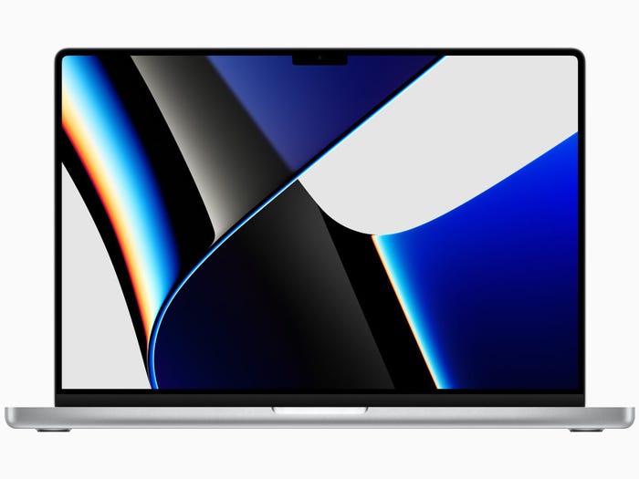 Apple's 2021 MacBook Pro with blue, white, and black geometric screen displayed