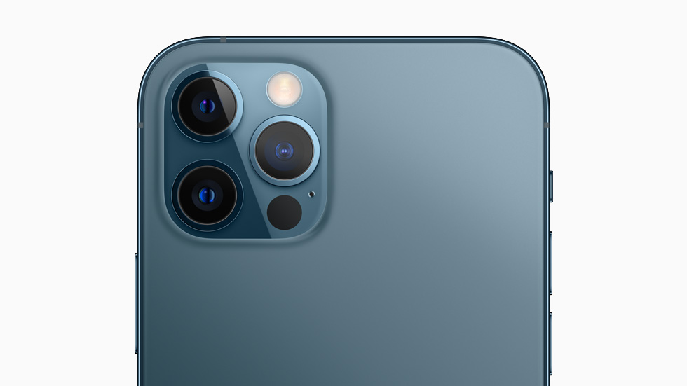 A back view of iPhone 12 Pro shows off the lenses of the device’s pro camera system.