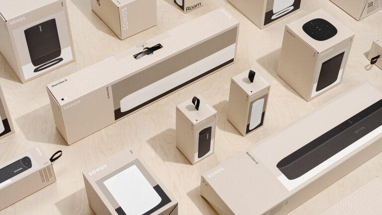 A wide array of Sonos products in their boxes