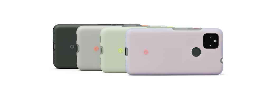 Four Pixel 5a with 5G phones are shown, each equipped a case showing all four colors that are launching.