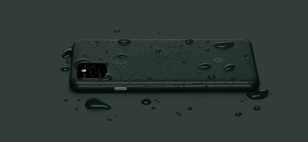 The new Pixel 5a with 5G phone has water droplets on it, showcasing the first-ever IP67 rating for A-series phones, providing water and dust resistance.