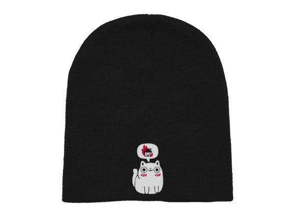 a black beanie with a white cartoon cat that has a thought bubble above its head
