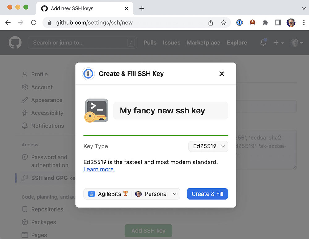 create and fill SSH key in 1Password