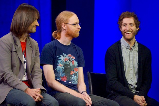 Thomas Middleditch, right, with Alex Kipman, left, HoloLens and Kinect creator; and Jens Bergensten, the Minecraft lead developer.