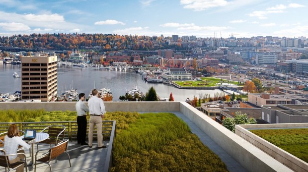 A rendering shows the view from the Dexter Station building in Seattle that Facebook will occupy.
