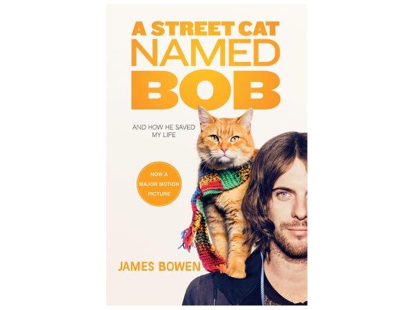 book cover showing a man with an orange tabby cat on his shoulder