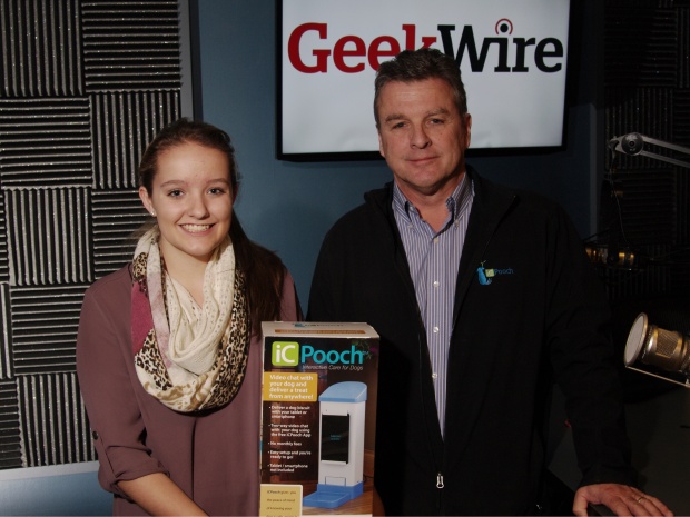 Brooke Martin, inventor of iCPooch, with her dad Chris Martin in the KIRO Radio studios. (Erynn Rose photo)