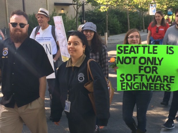 Protestors at Amazon's annual meeting this week. (GeekWire Photo)