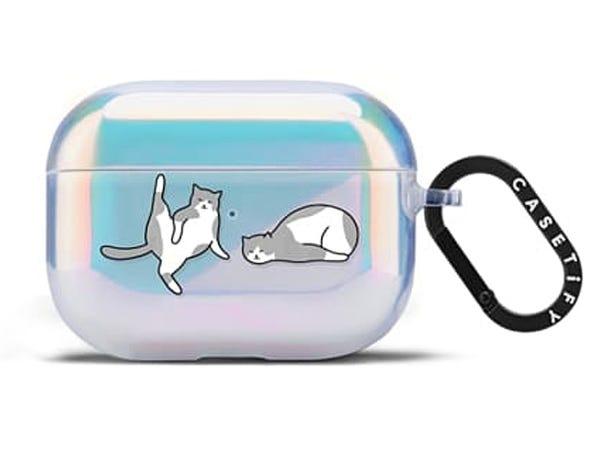 metallic airpod case with two gray and white cats doing yoga like poses