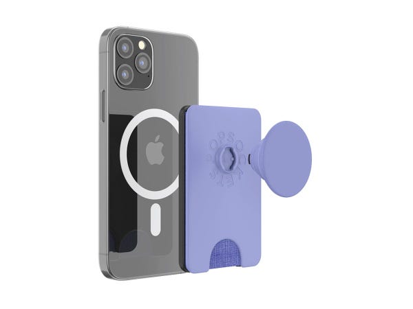 A purple PopWallet+ Grip next to an iPhone