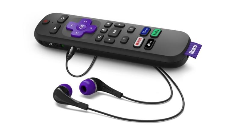 Roku Voice Remote Pro with wired earbuds plugged in