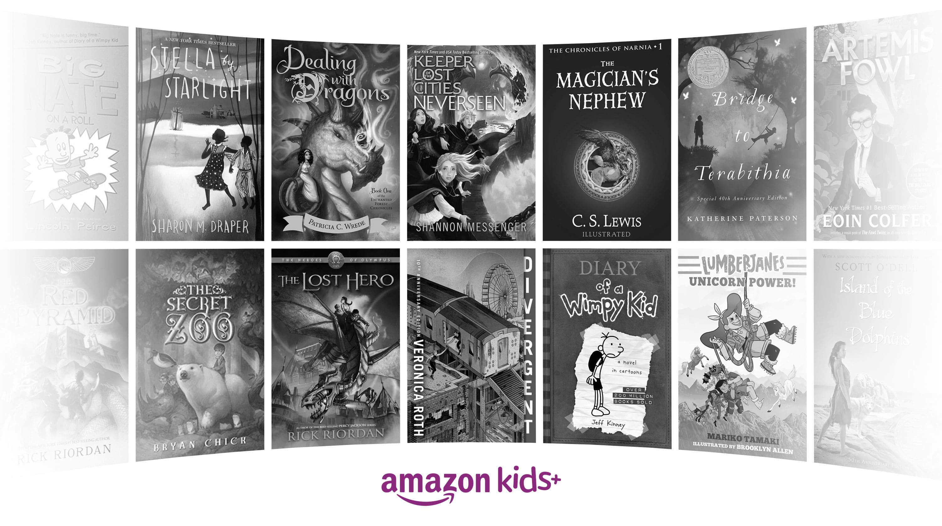 Amazon Kids+ content titles in black and white.