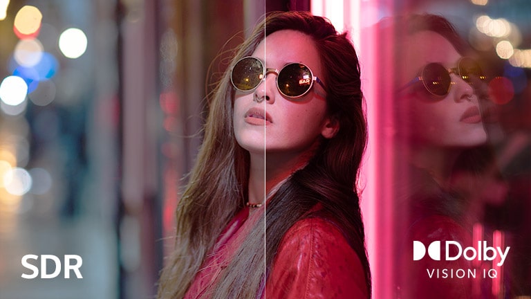 A scene of a woman wearing sunglasses, half in SDR, and other half in Dolby Vision IQ with more cinematic result