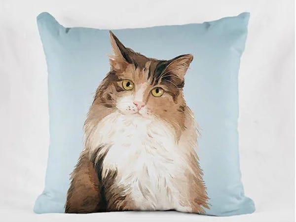 light blue Custom Pet Portrait Pillow with illutration of a brown, white, and tan long-haired cat